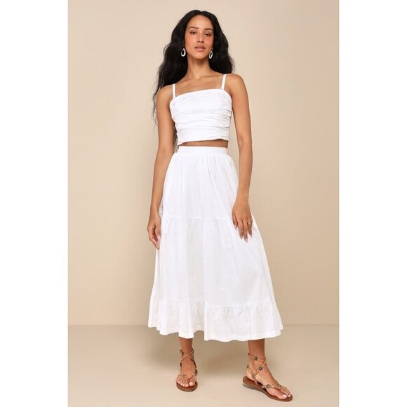 Lulus Daytime Perfection White Cotton Tiered Midi Skirt - Size M - Picture 1 of 1